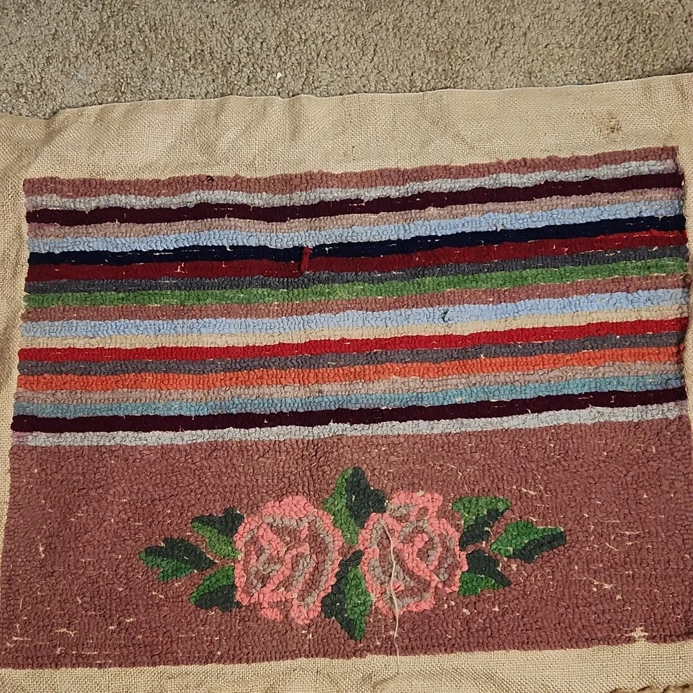 Colorful Striped and Floral Rug Antique Handmade Hooked Rug/pillow
